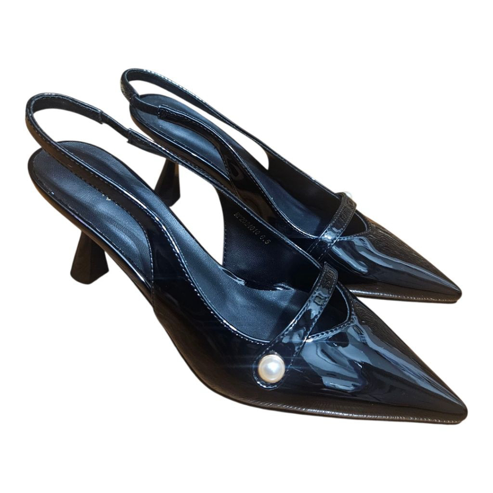 Ronilurn Slingback Black Women's Kitten Heels Pointed Toe Pearl Heels Sz 6.5